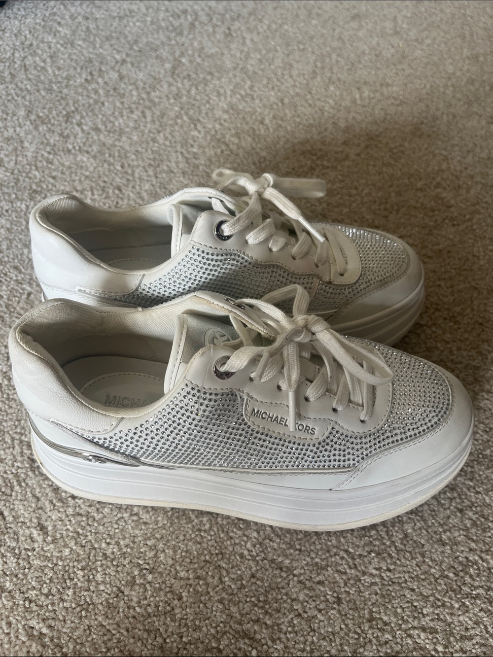 MICHAEL Michael Kors Hayes White and Silver Lace Up Rhinestone Sneakers, 6 - Picture 2 of 5